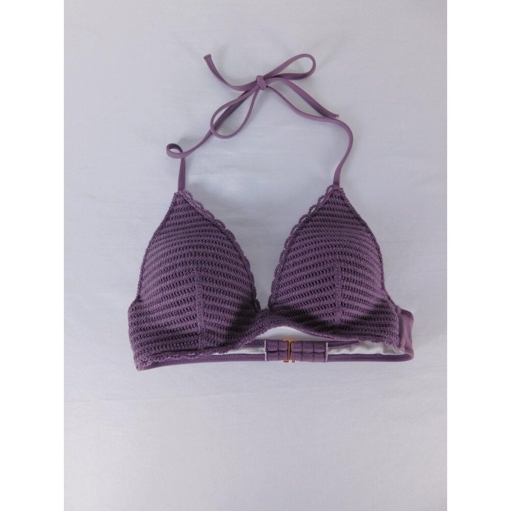 Purple Crochet Halter Tank Womens 32B Padded Lined Adjustable Strap Top